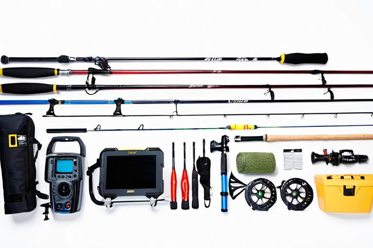 Collection of specialized winter fishing equipment