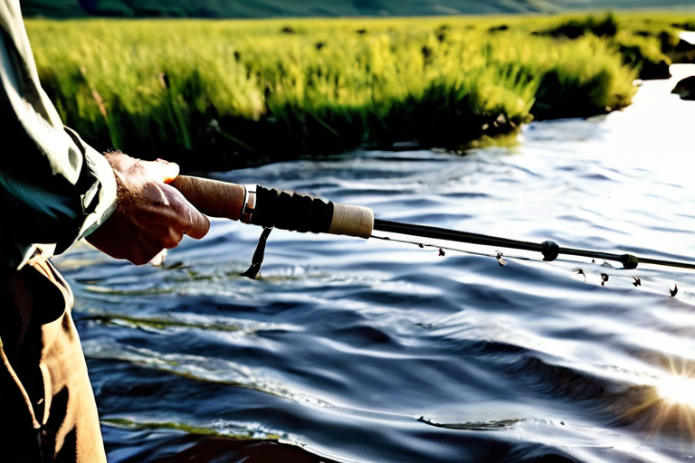 An angler demonstrating dead drift line mending on a river