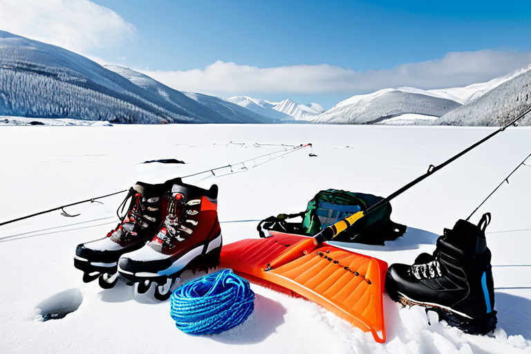 Collection of ice fishing gear including cleats on a snowy background