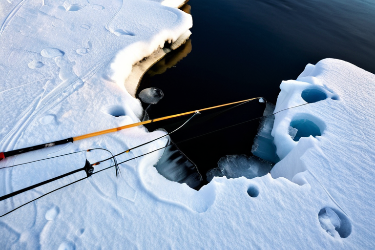Ice fishing action shot with line visible