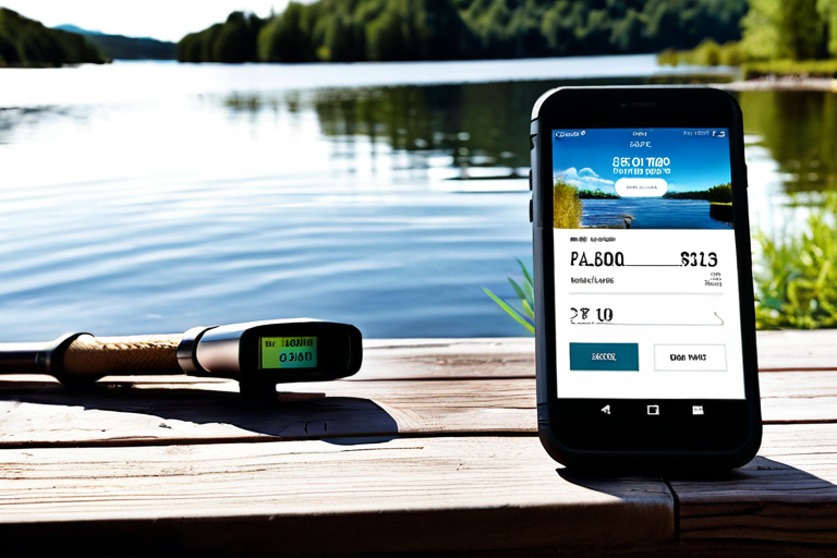 Modern fishing gear and a digital device displaying a Maine fishing license app, set against a backdrop of a lake