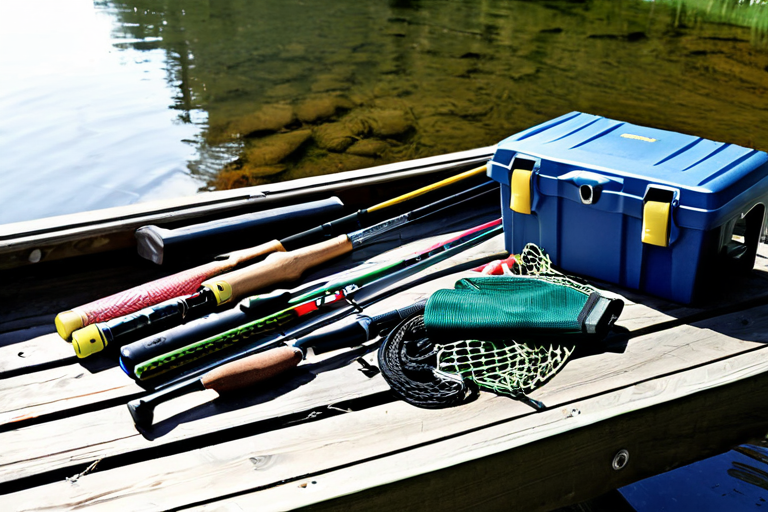 Close-up of fishing gear including rods, lures, and a tackle box on a wooden dock
