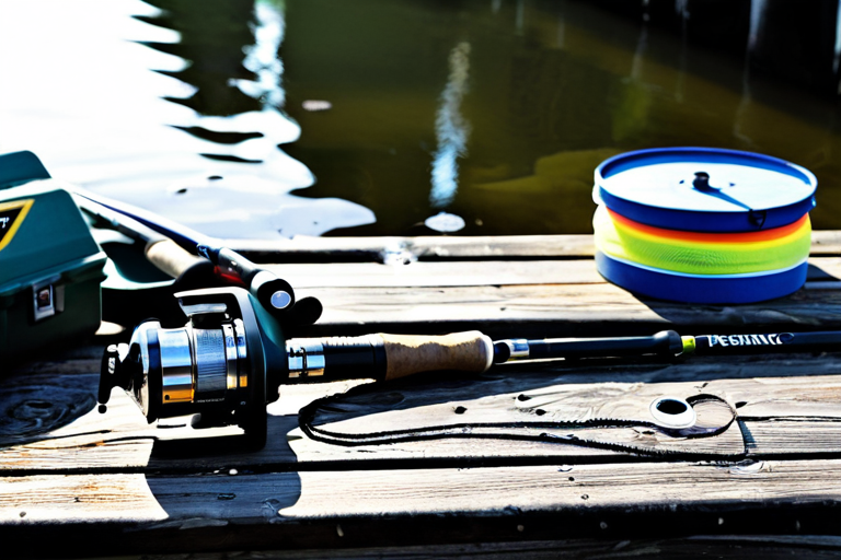 Close-up of fishing gear on a wooden dock
