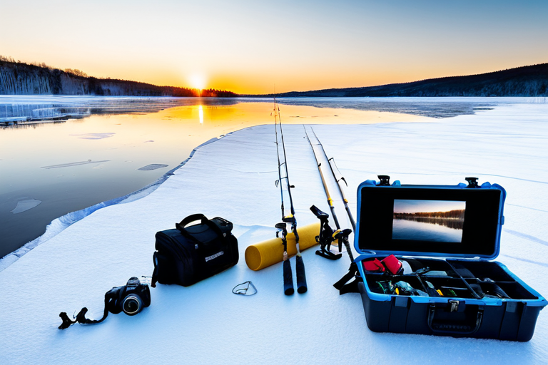 Complete ice fishing setup with camera monitor and equipment