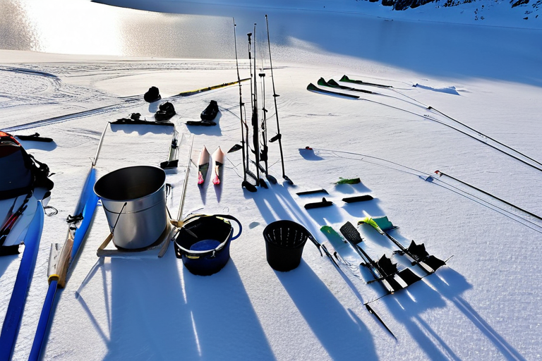 Complete ice fishing gear layout on frozen lake