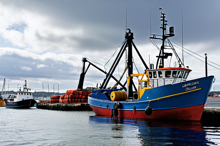 Modern Gloucester fishing trawler in port
