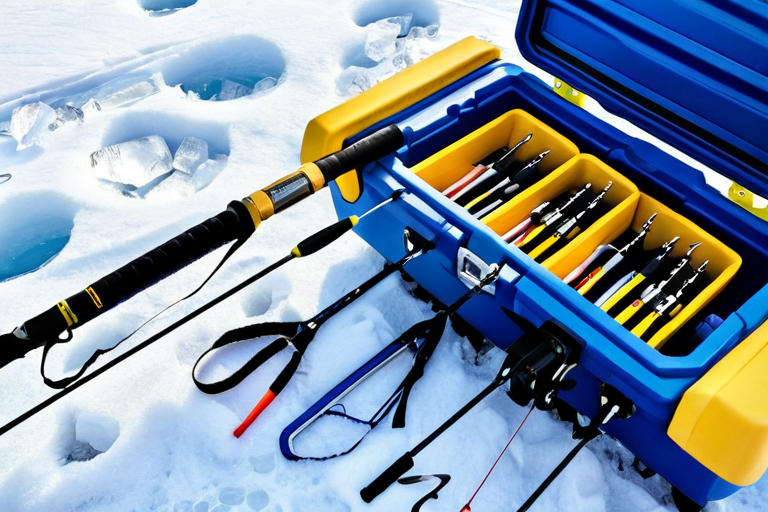 Ice fishing rods, augers, and safety gear