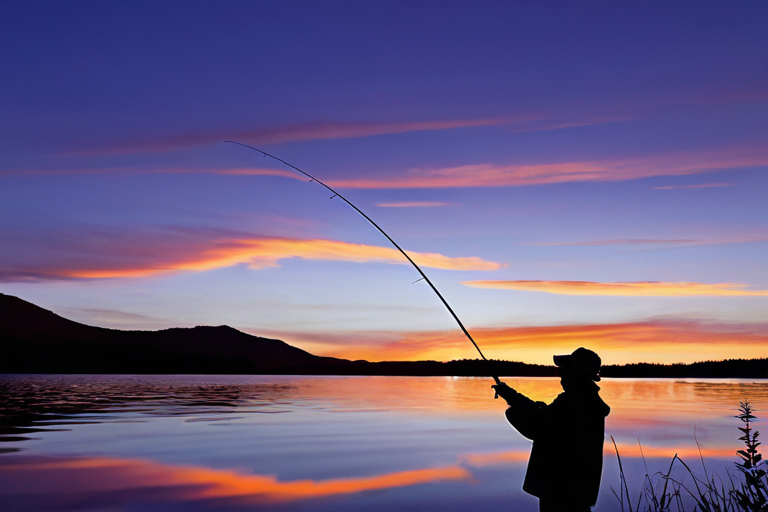 Angler fishing on a calm lake at sunset