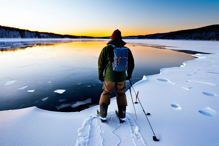 Angler wearing ice fishing cleats while fishing on a frozen lake