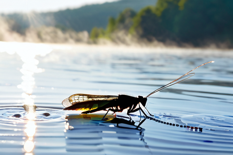 Close-up view of aquatic insect emergence on lake surface