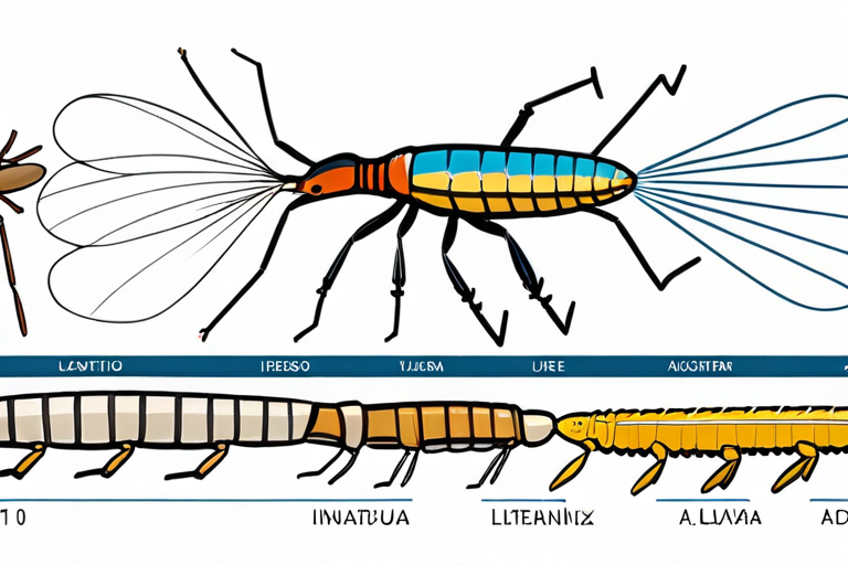 Illustration showing complete lifecycle of aquatic insects from larva to adult stage
