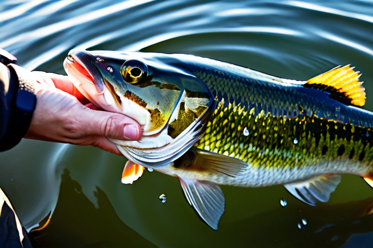 Angler carefully releasing healthy bass back into lake water