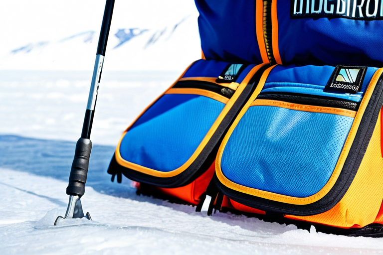 Detailed view of ice fishing bib pockets and features