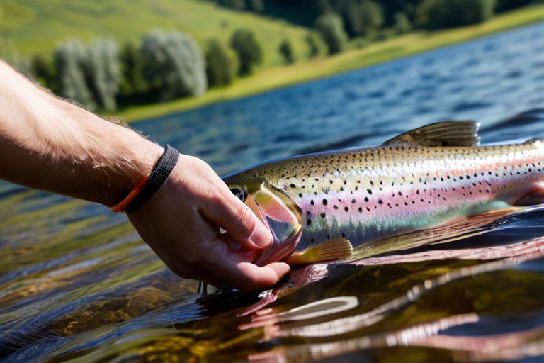 Angler carefully releasing healthy trout back into clear lake water