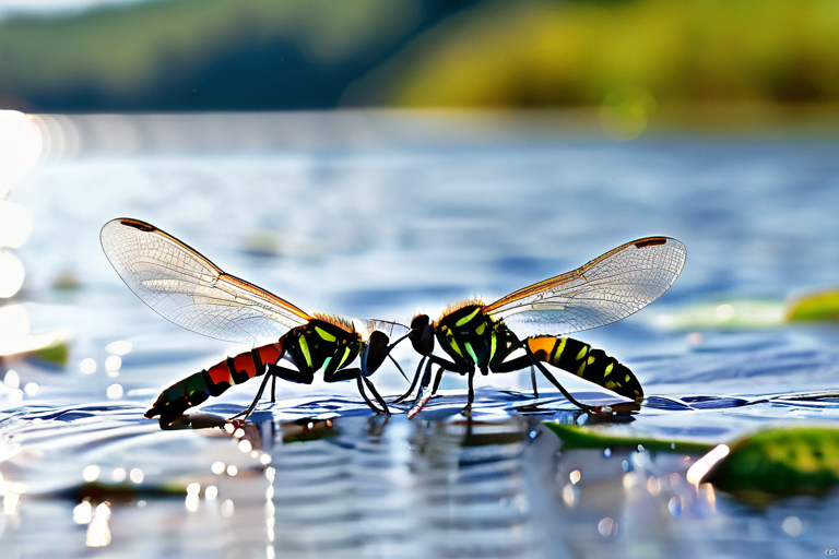 Close-up of chironomid midges emerging from lake surface