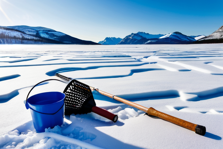 A collection of ice fishing tools including an auger, rake, and bucket on snow