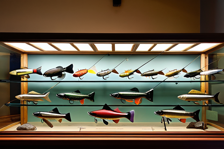 A curated display of fly fishing ornaments in a glass case with soft lighting