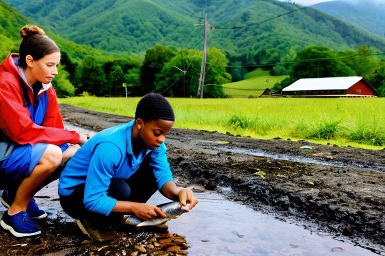 Community members examining fish rain aftermath