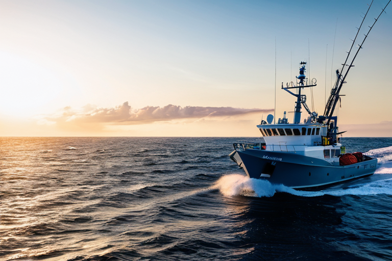 Deep sea fishing boat on open ocean