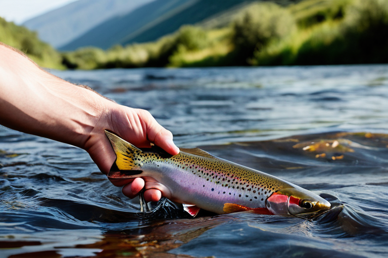 Angler practicing catch and release in river setting