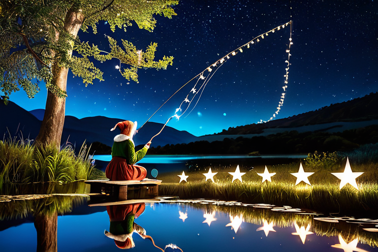 Elf fishing under twinkling holiday lights at night