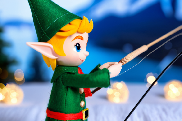 Close-up of an elf holding a handmade fishing rod