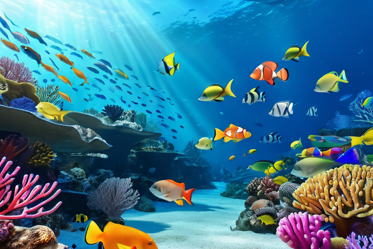 Rainbow Fish swimming happily with other fish in colorful coral reef