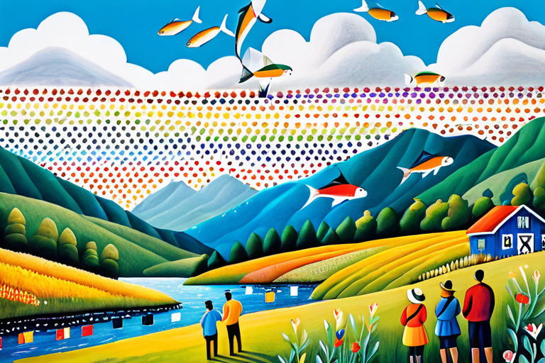 Cultural artwork depicting fish rain in Blue Ridge