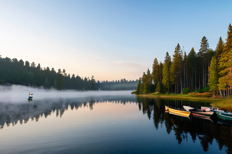 Beautiful natural lake landscape with fishing boats in distance
