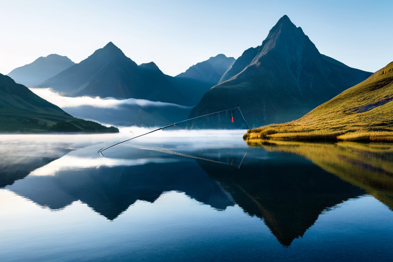 Reflection of fishing rod in calm water with misty mountains