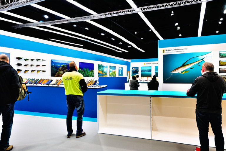 Modern East Tennessee Fishing Show with diverse booths, fishing gear displays, and attendees exploring