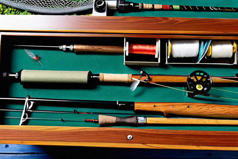 Organized display of fly fishing gear including rods, reels, lines, and fly boxes