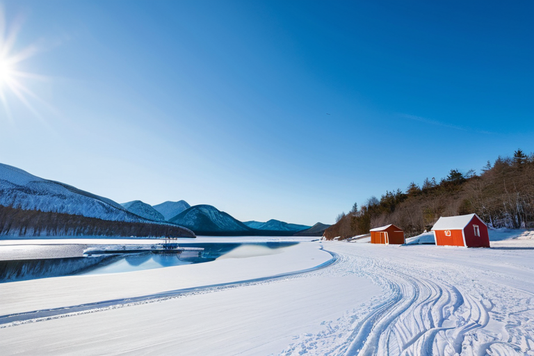 Frozen lake with fishing huts