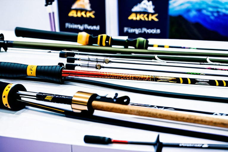 Variety of fishing rods and reels displayed for testing at expo booth