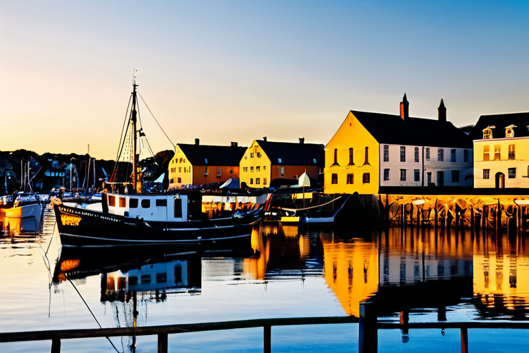 Gloucester fishing harbor with boats at dusk