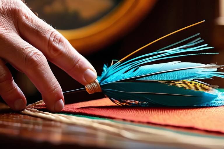 A close-up of hands tying a traditional fly fishing ornament with feathers and thread