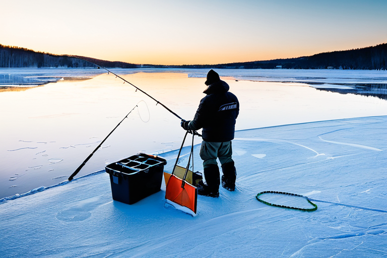 Ice fisherman using spud bar to assess ice conditions on frozen lake