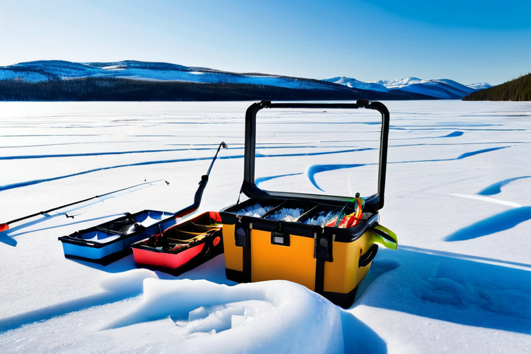 Ice fishing gear setup on frozen lake