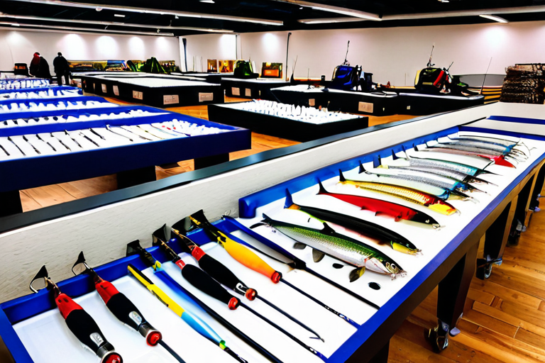 Colorful display of ice fishing rods, reels, and tackle at the St. Paul show