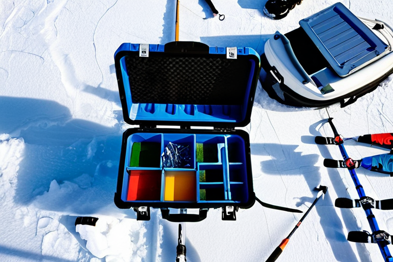 Organized ice fishing equipment on frozen lake