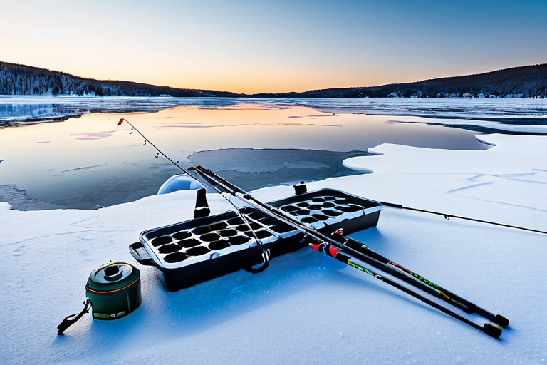 An organized ice fishing setup with multiple covered holes
