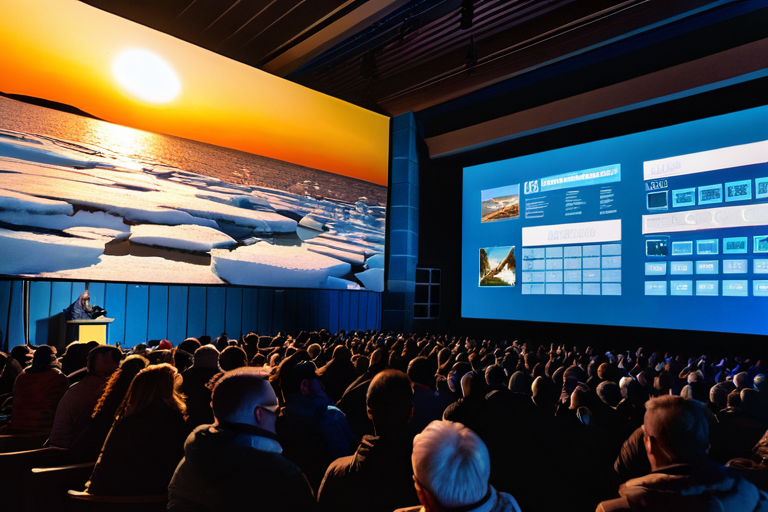Crowd of attendees listening to an ice fishing expert seminar at the show