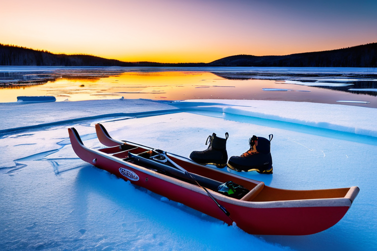 Ice fishing sled at sunset on frozen lake