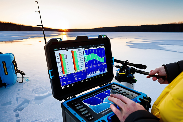 Modern ice fishing technology setup with multiple sensors and displays