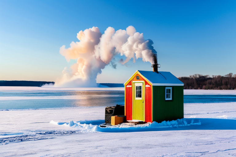 Colorful ice fishing shanty on frozen Lake Erie