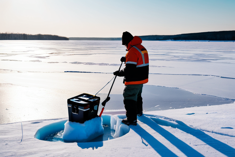 Angler testing ice thickness with spud bar