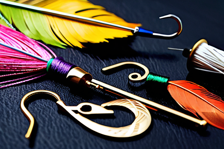 A spread of various materials used in fly fishing ornaments, including feathers, threads, and hooks