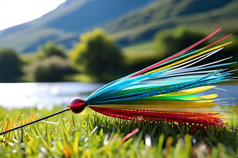 A modern, colorful fly fishing ornament with synthetic materials against a blurred background