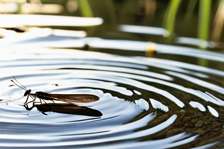 A close-up of insects drifting on a river surface