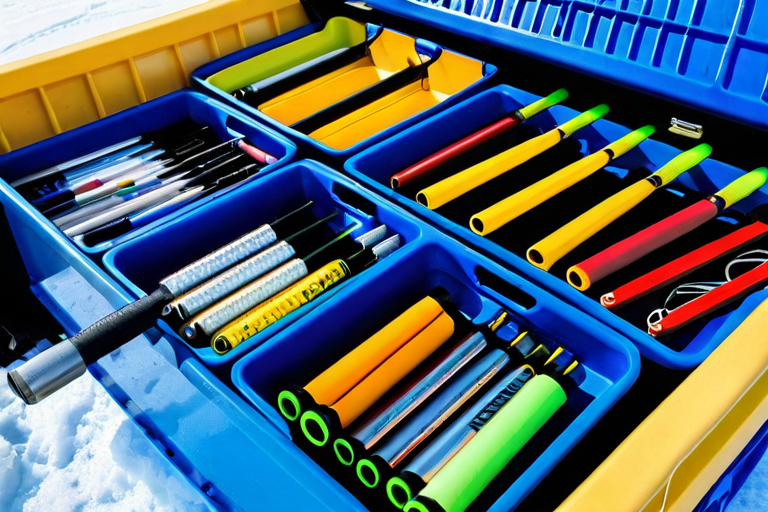 Organized ice fishing gear inside a sled